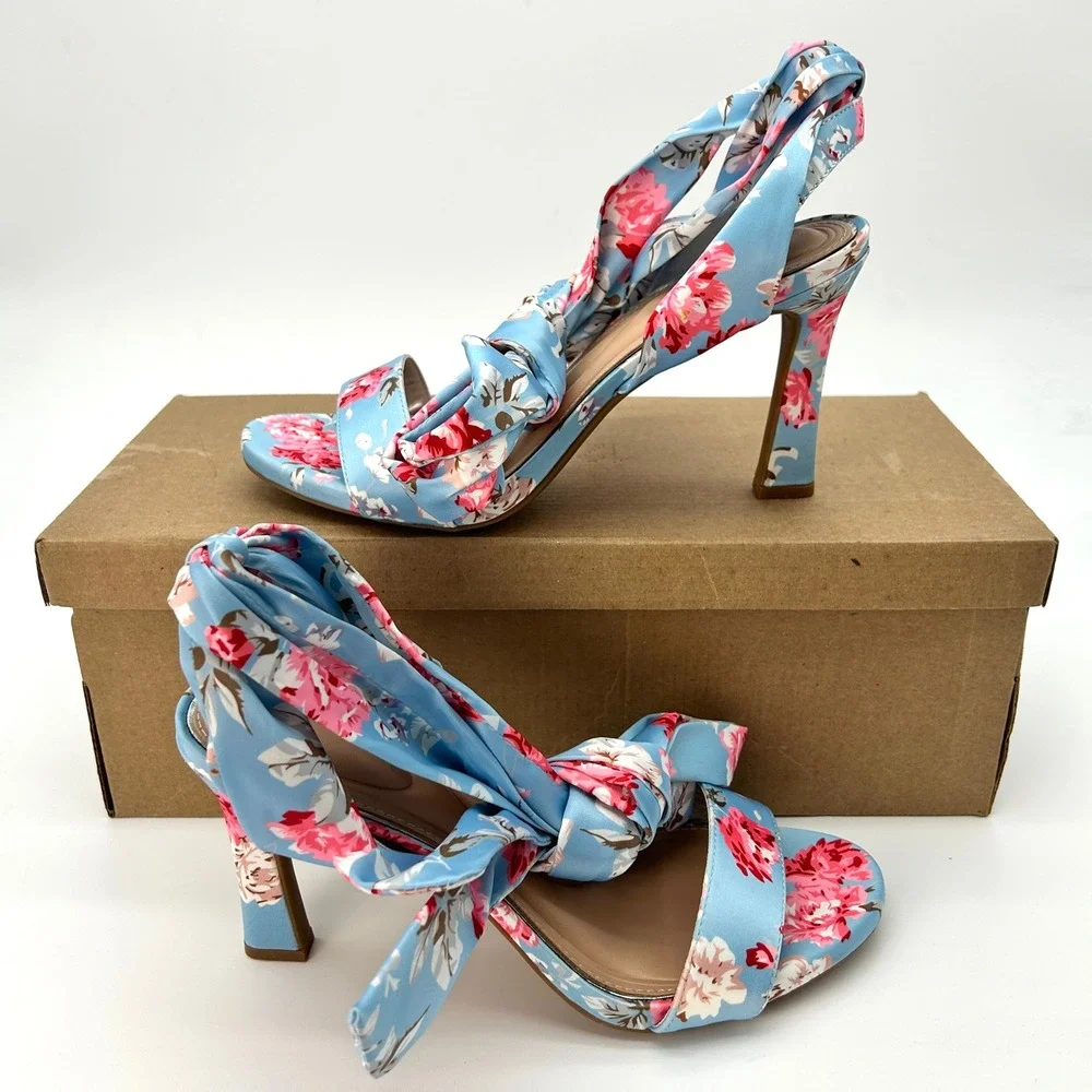 Womens Ankle Wrap Sandals Kelly & Katie Nylani Size 9.5‎ Blue Satin Floral Print